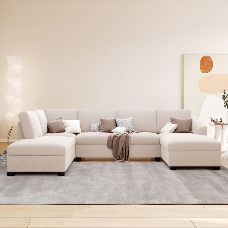 Upholstered U-Shaped Sectional Right Hand Facing, Beige 100% Polyester