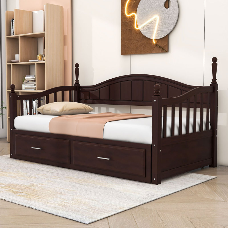 Twin Daybed with Trundle and 2 Drawer Storage MDF Daybed, Espresso