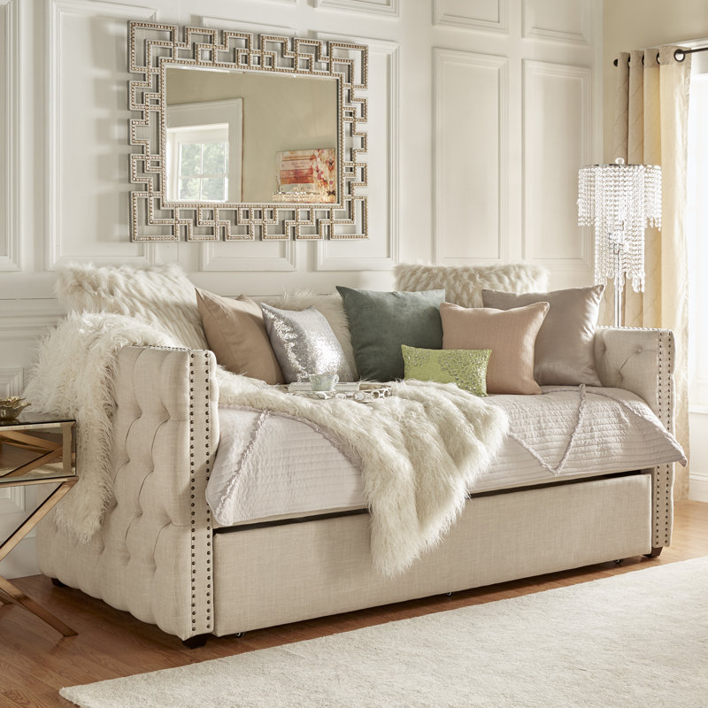 Bouton capitonné Holbrook Double lit de jour avec couchette, Beige, Grand