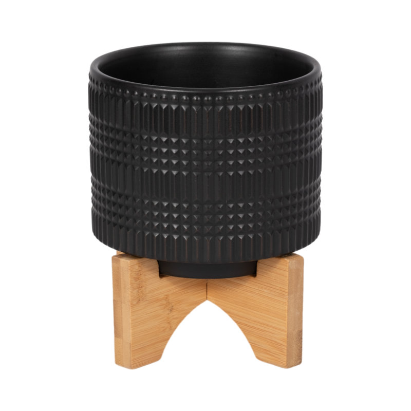 Pot à fleurs en grès avec support en bois Tarrin, H 5 po x l 5,5 po x P 5,5 po