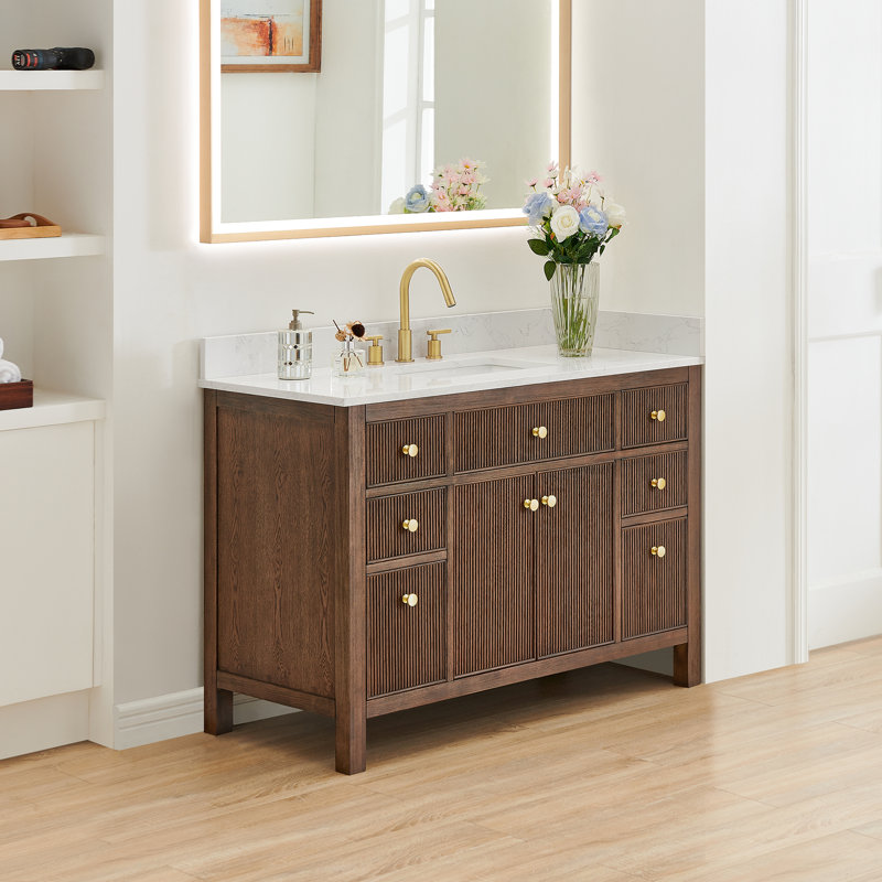 Meuble-lavabo simple Lala de 48 po avec comptoir en pierre reconstituée blanche grainée, sans miroir, Chêne brun brossé