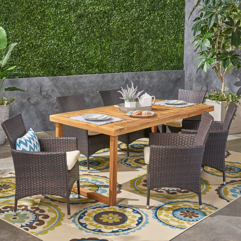6 - Person Acacia Patio Dining Set with Rectangular Table , Cushions Included
