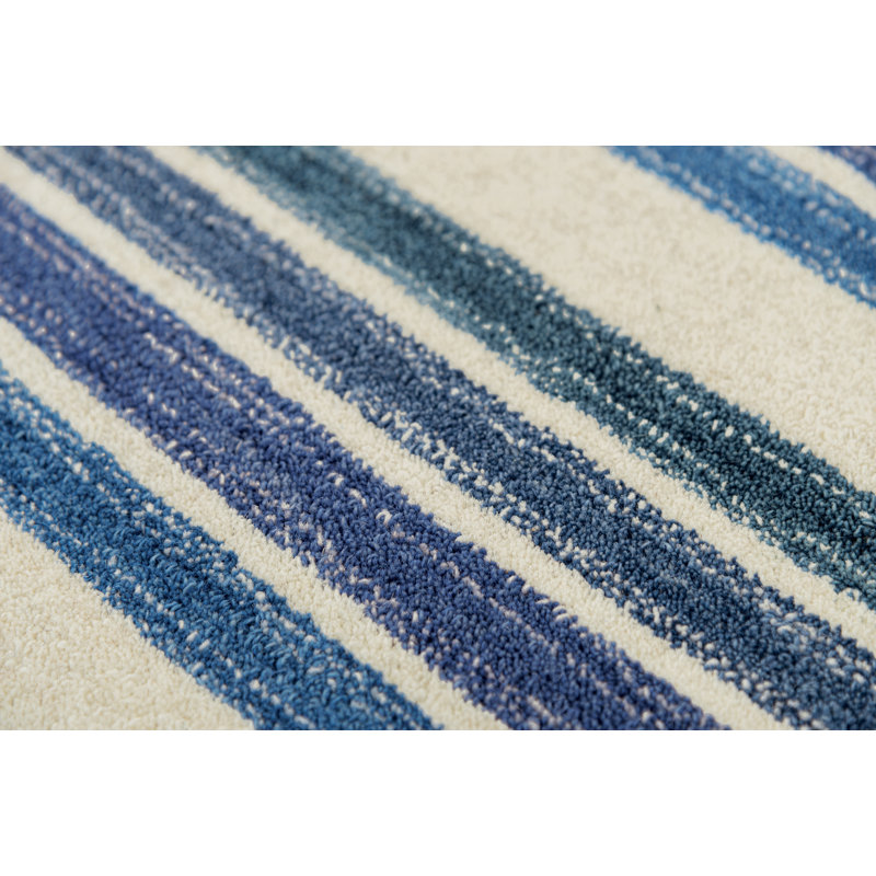 Tapis à rayures bleu/ivoire en laine touffeté fait main Nicolas, Rectangle 5 pi x 8 pi