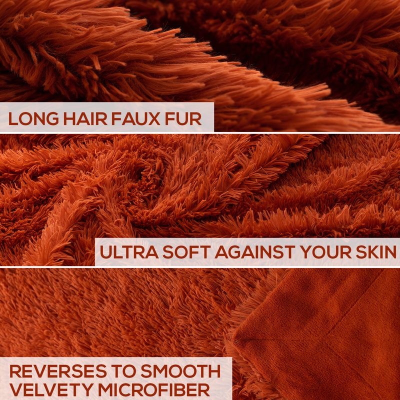 Rust Orange Reversible Faux Fur and Fleece Throw Blanket 60" x 70"