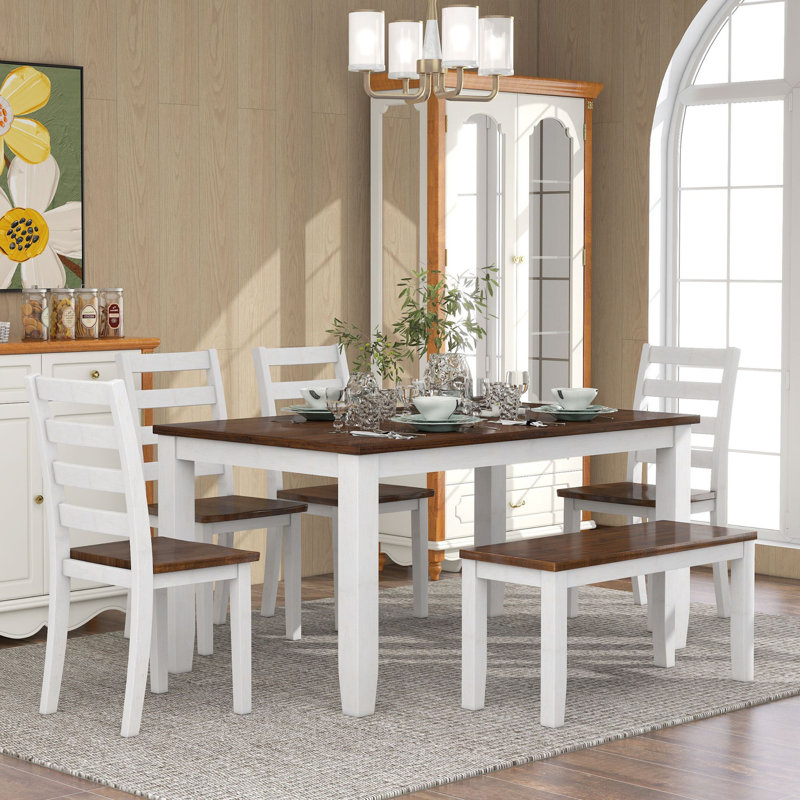 Rustic Style 6-Piece Dining Room Table Set With 4 Ergonomic Designed Chairs & A Bench (Walnut + Cottage White)