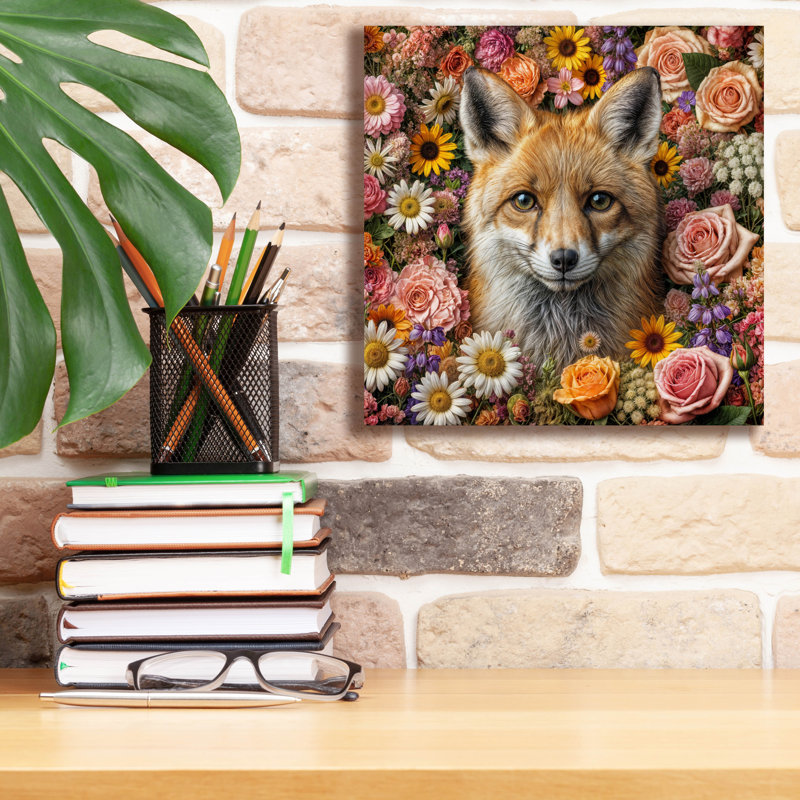 «Fox entouré de fleurs» par Rey Klimt, art mural sur toile, H 12 po x l 12 po
