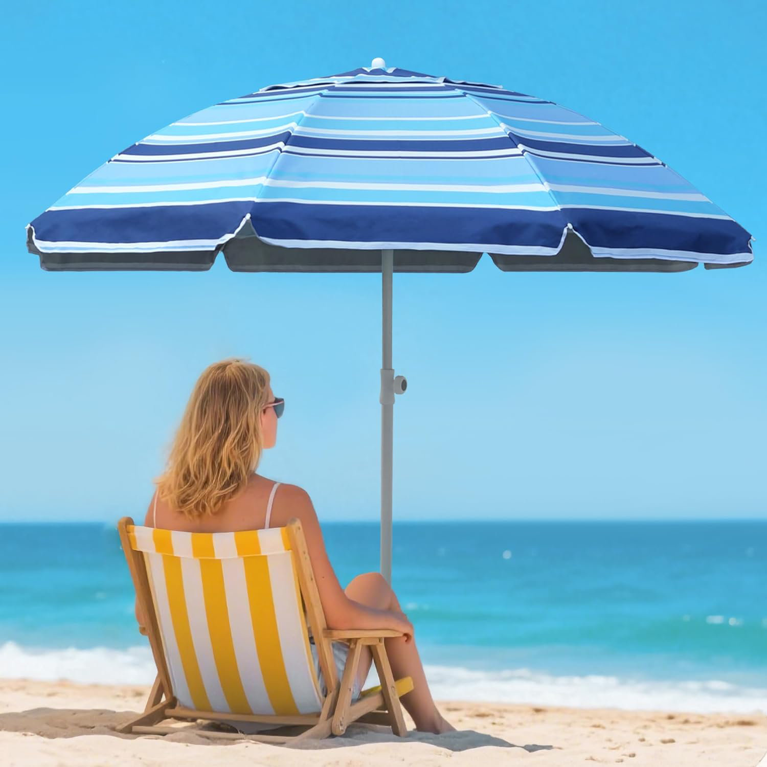 SERWALL Parasol De Plage Portable Anti-UV 50 De 2,6 M Avec Ancre De Sable Bouton Poussoir Dinclinaison Et Sac De Transport Pour Terrasse Jardin Plage Rayures Bleues Blanches