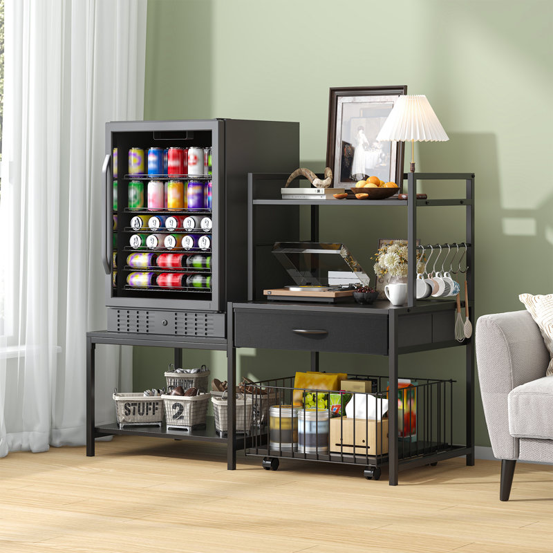 Mini Fridge Stand With Storage, Mini Refrigerator Stand With Power Outlet, Wine Fridge Table With Movable Storage Basket, Heavy Duty Beverage Refrigerator Table For Dorm Home Use (black)