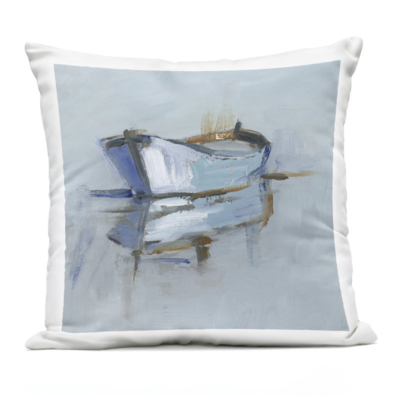 Coussin d'extérieur imprimé Beached par Ethan Harper, Bleu / bateau gris, Carré 18 po