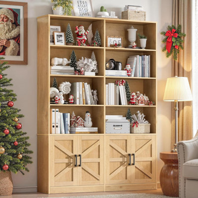 71" Tall 6 Tier Double Bookshelf with 4 Storage Doors Modern Open Display Bookcase for Living Room Office Library Natural