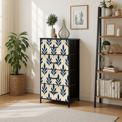 4 Drawer Vertical Storage Dresser Navy Blue Leaf Beige Minimal with Wood Top Fabric Pull Drawers