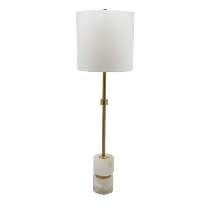 D10x34 Inch Ipori Alabaster And Metal Buffet Lamp, Perfect for Adding Elegance and Warmth to Any Dining or Living Room.