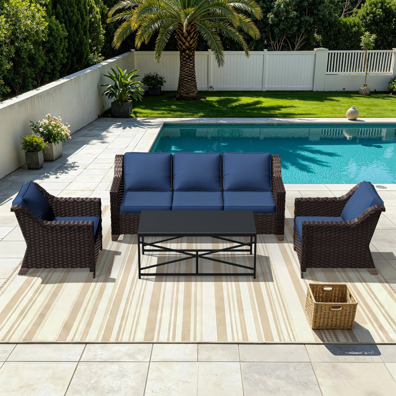 Ensemble de conversation durable en rotin PE pour 5 personnes, Bleu