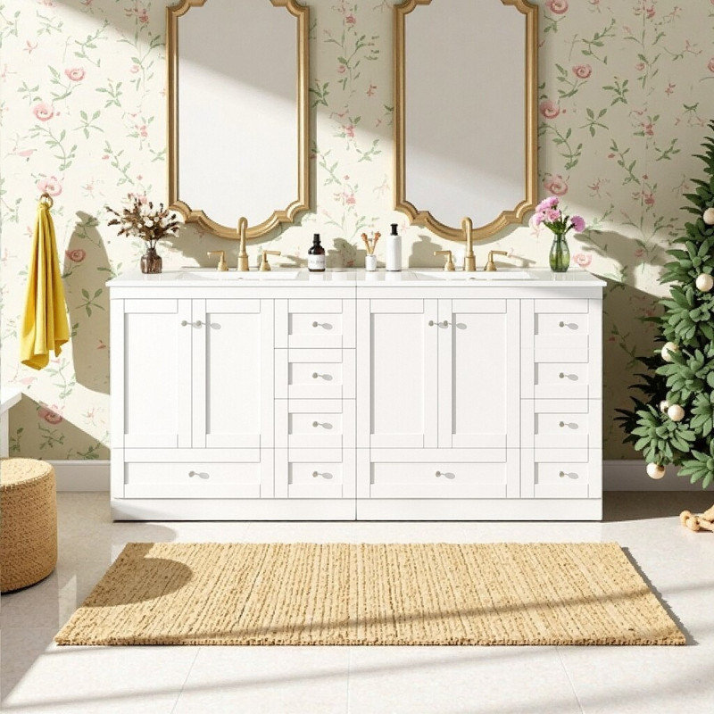 Meuble-lavabo autoportant de 72 pouces avec double évier en céramique à fermeture en douceur et 8 tiroirs de style shaker