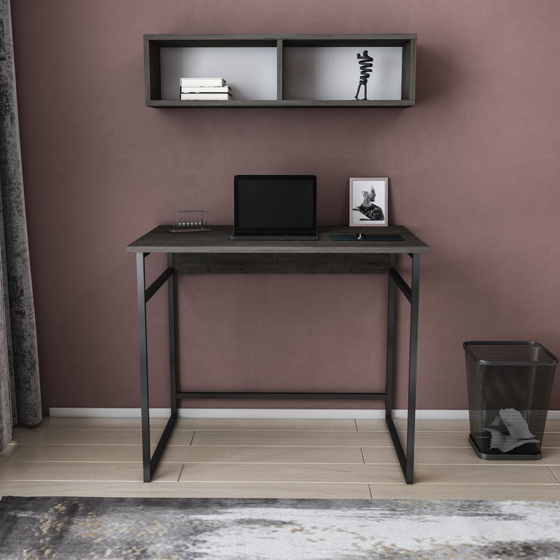 Hussum Metal Base Writing Desk, Dark Gray Oak/Black