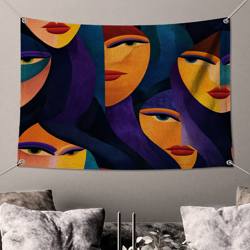 Tapisserie abstraite visages muraux - Art mural, H 104 po x 88 avec 4 œillets