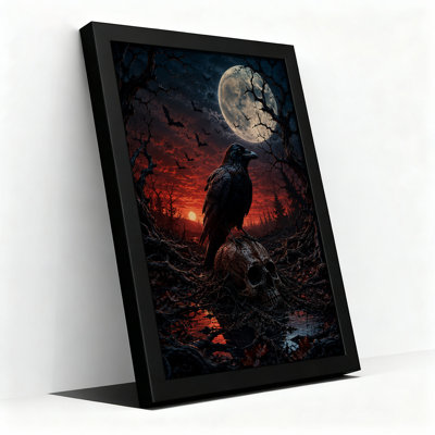Black Raven Perched on Skull Under Full Moon in Halloween Canvas Wall Art