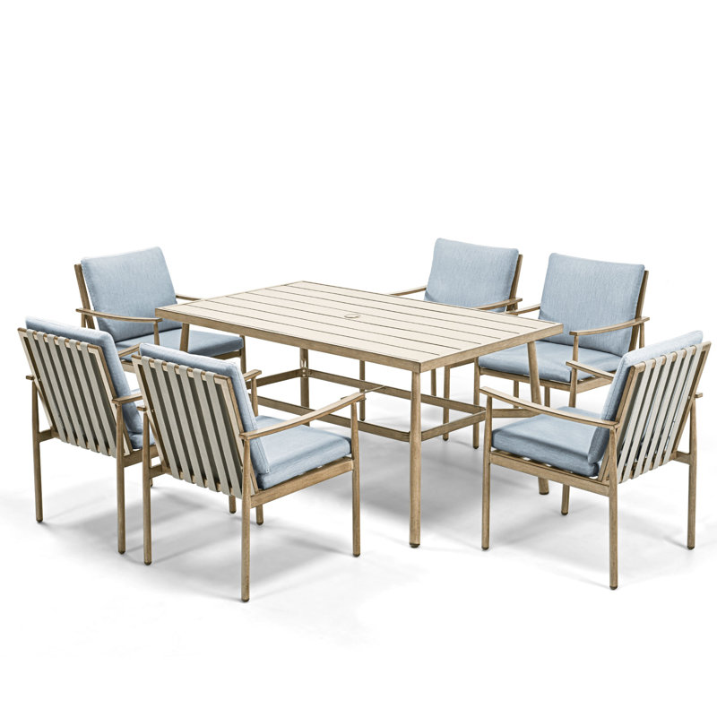 6 - Person Outdoor Aluminum Rectangular Dining Set with Cushions, Blue, Beige