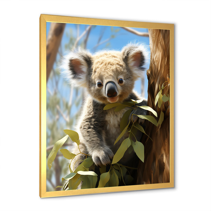 «Realistic Koala Eucalyptus Observer 1», art mural animal koala, Cadre doré simple, H 20 po x l 12 po x P 1 po