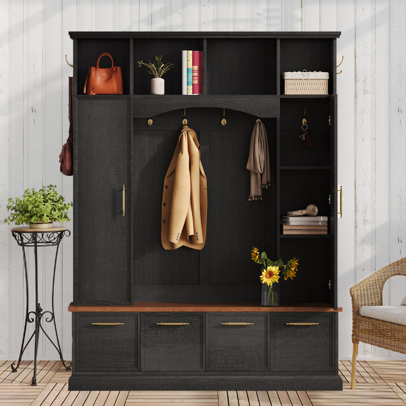 Arbre d'entrée 59 po de style campagnard avec garde-robe et armoire à chaussures pour le salon, Noir