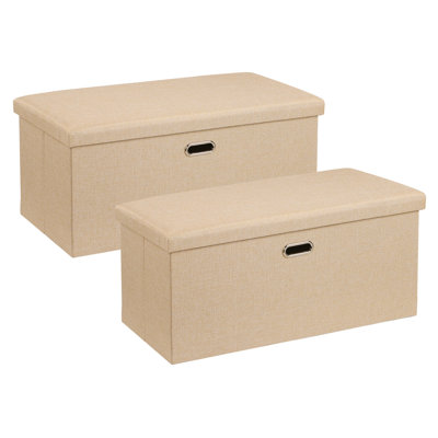 Set Of 2 Narrow Foldable Storage Ottomans, Linen Upholstered Storage Bench Footrest Stool, Collapsible Ottoman Box For Small Spaces, Bedroom, Living Room, Entryway