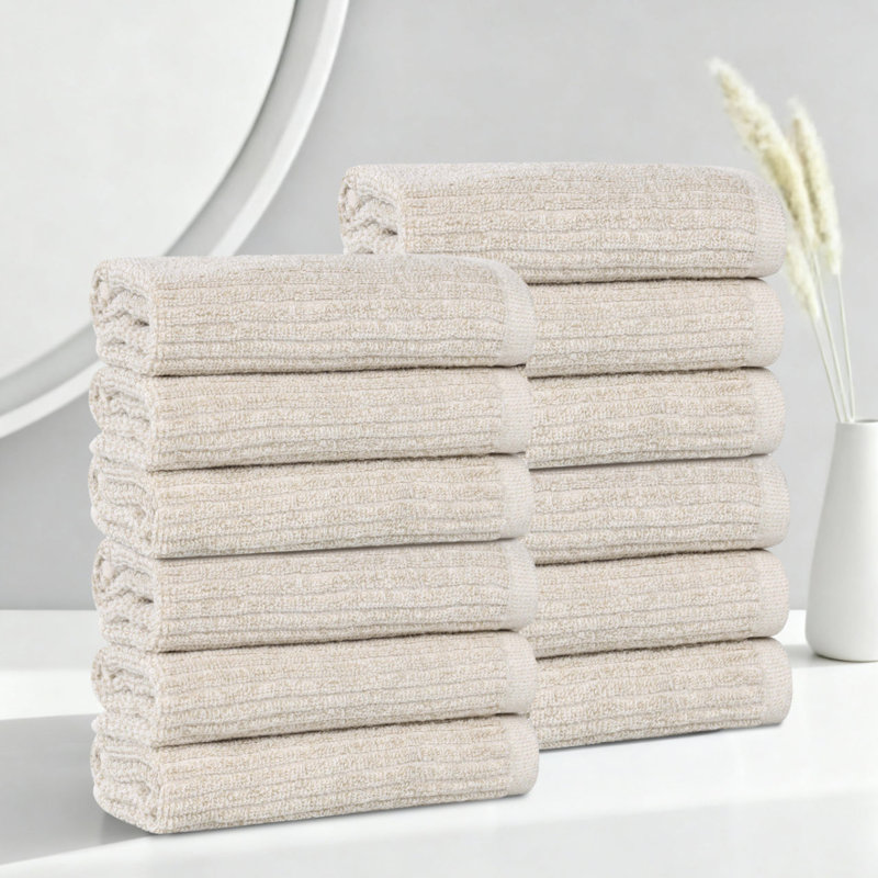  Viscose Cotton Blend Face Towel Set - Textured Ribbed Design - Quick-Dry, Beige