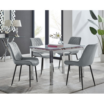 Tierra Modern Glass & Metal Extendable Dining Table Set & 4 Luxury Upholstered Velvet Dining Chairs