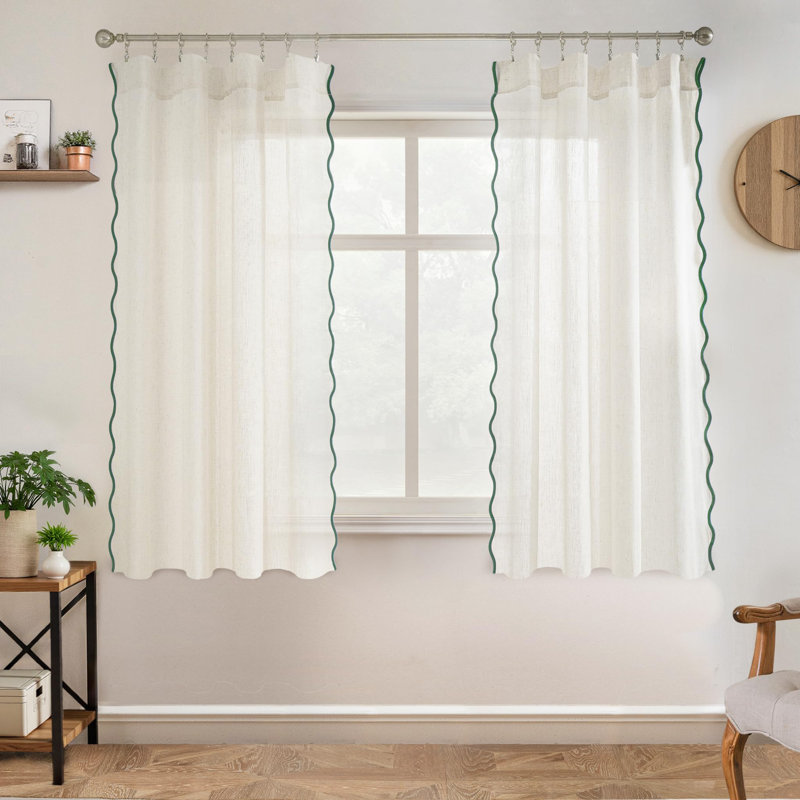 Semi Sheer Scalloped Edge Linen Coastal Beach Window Curtains for Living Room Bedroom 2 Panels Rod Pocket, Linen/Loden Green