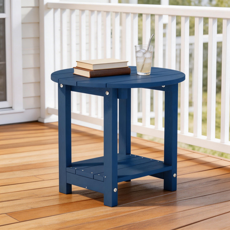 18" W x 18'' D HIPS Round Outdoor Side Table for Adirondack Chairs, 2-Tier Storage Easy Maintenance & Weather-Resistant Patio End Table with 330Lbs Load Bearing for Backyard, Pool, Patio, Porch, Garden, Lawn, Relaxing Companion, Navy Blue