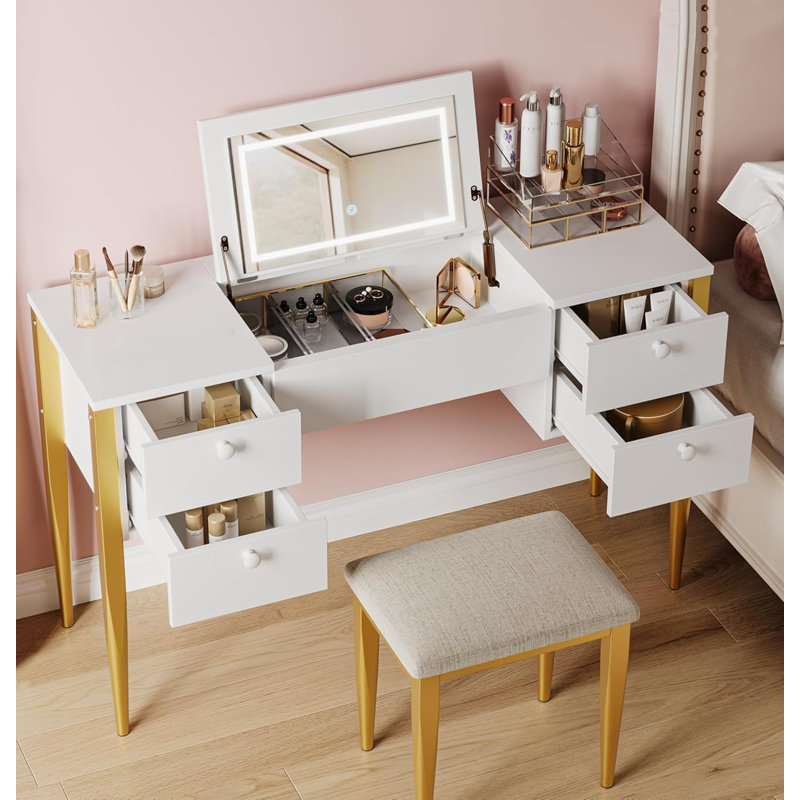 Maquillage, coiffeuse, coiffeuse avec lumière et tabouret, housse rabattable et miroir, Blanc / Doré