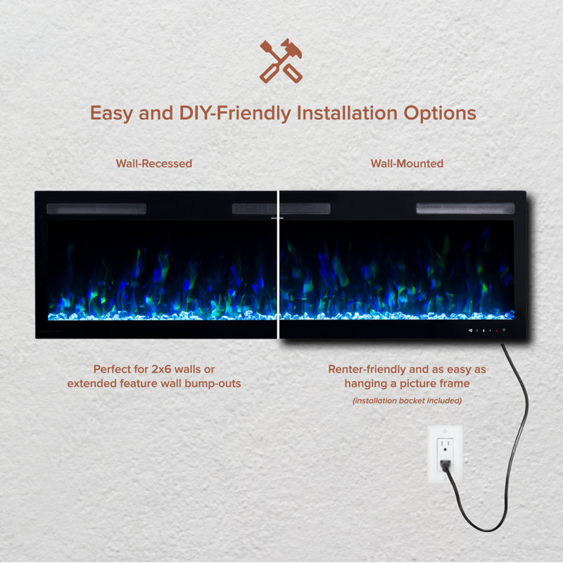 Vibrance Recessed or Wall Mounted Electric Fireplace Heater, Multi-Flame Colors, Voice Assistant Compatible, Logs & Crystals, Remote Control