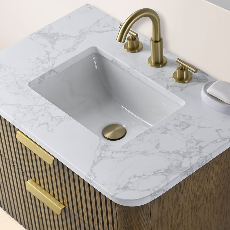 Ensemble de meuble-lavabo simple 30 po avec dessus en pierre reconstituée Liljan, Chêne vieilli / bronze brossé