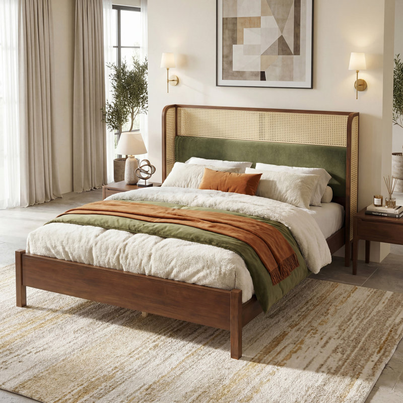 Structure de lit grand avec tête de lit verte, noyer avec lit en bois massif vert, aucun sommier requis, mobilier de chambre moderne