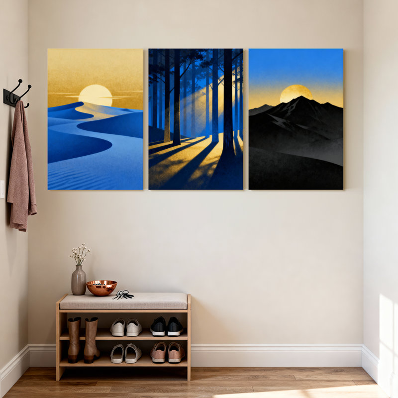 Abstrait, coucher de soleil, désert, forêt, montagne, lever de soleil, ensemble de 3 impressions sur toile, H 18 po x l 36 po