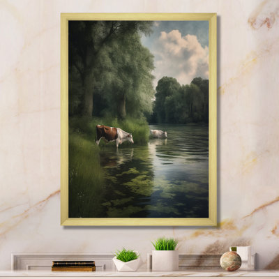 Vaches marchant près d'un lac, scène de campagne I - reproduction