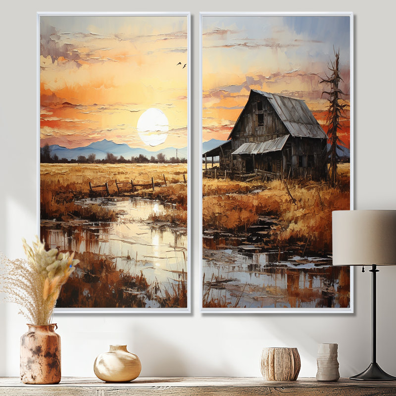 Paysage de grange au crépuscule I - art mural traditionnel, 20" H x 24" W, Impression encadrée flottante, White