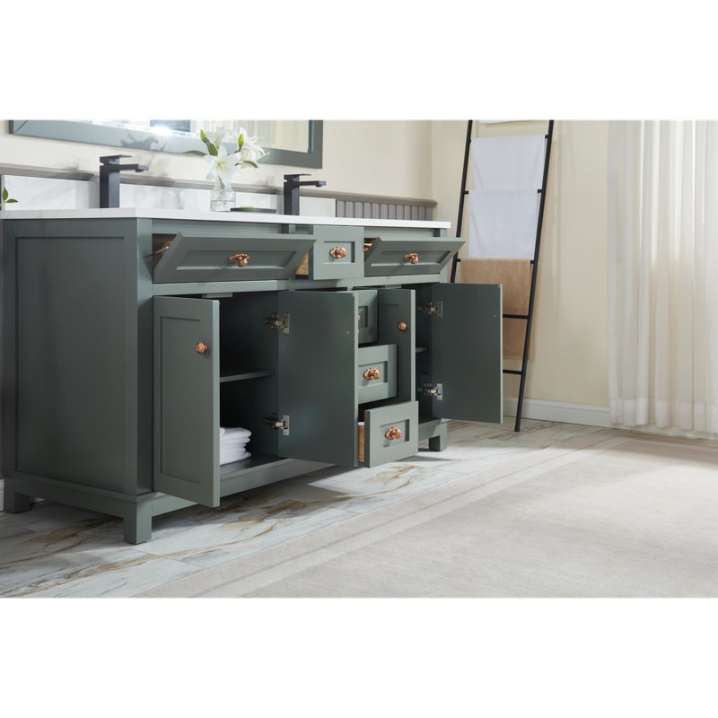 60" Finish Solid Wood Sink Vanity With 1' Artificial Stone Top, Pewter Green, Rose Gold