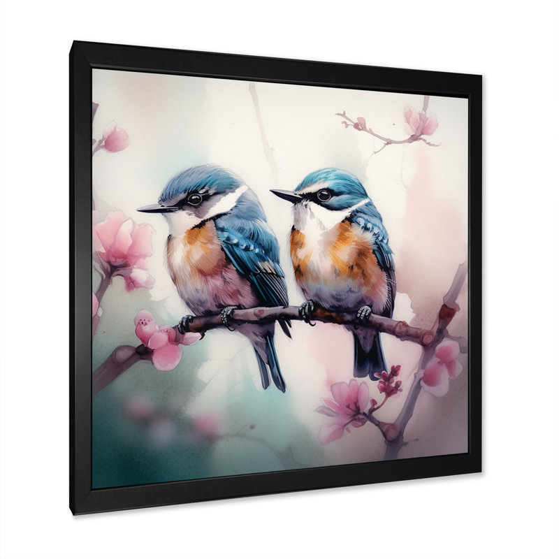 Oiseaux bleus sur une branche II, Impression noire sur toile encadrée, H 16 po x l 16 po x P 1 po