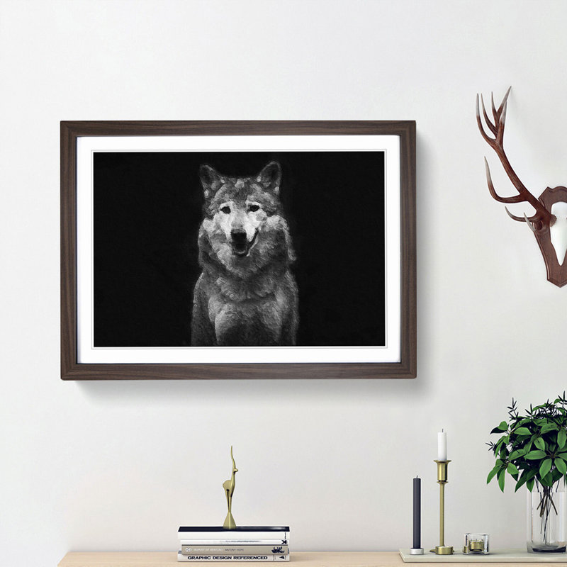 Wolf Portrait - Picture Frame Painting Print, 48cm H x 65cm W x 2cm D, Walnut Framed