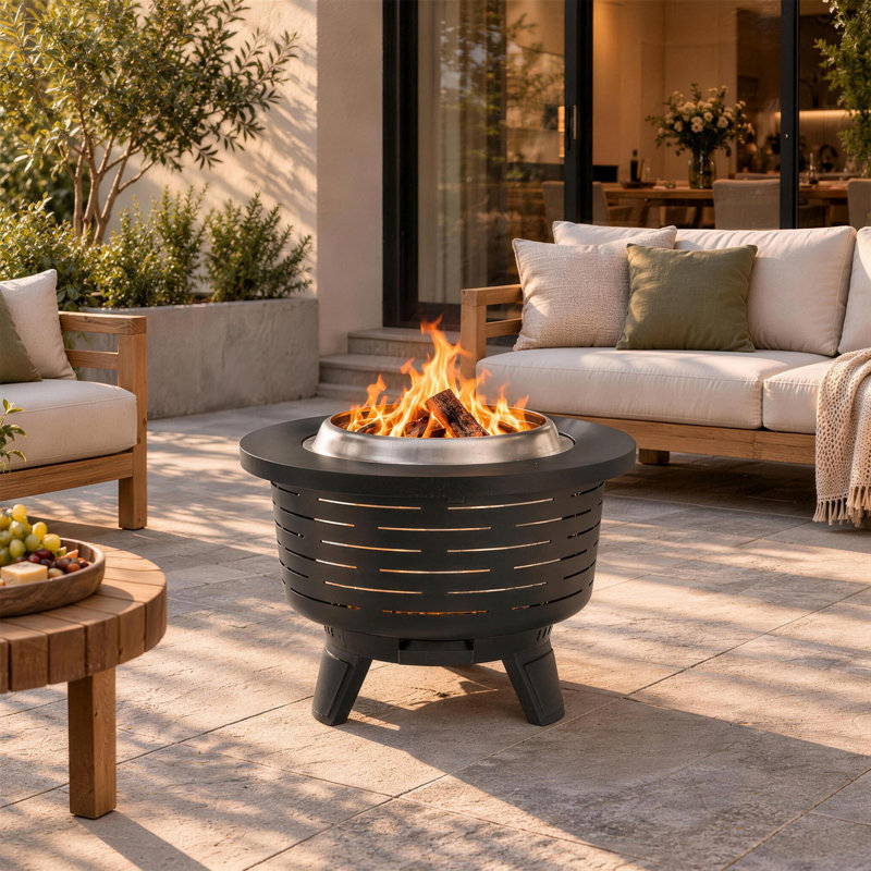 25" Stainless Steel Wood-Burning Smokeless Fire Pit with Wide Side Table, Ash Pan, Waterproof Cover & Fire Poker – Black Outdoor Firepit for Patio, Backyard & Camping