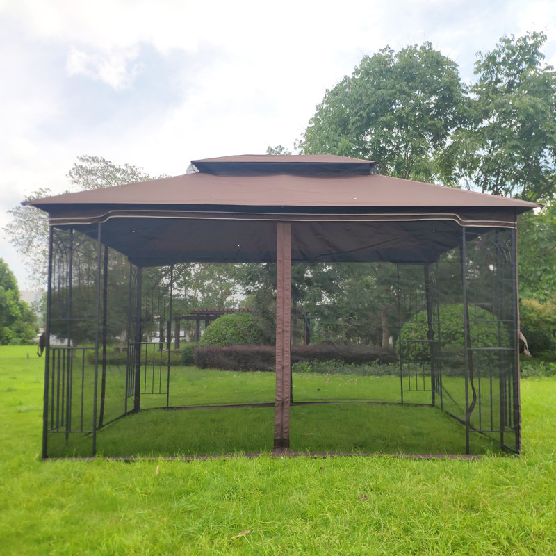13X10 Outdoor Patio Gazebo Canopy Tent With Ventilated Double Roof And Mosquito Net, 108.66" H x 157.48" W x 118" D, Brown