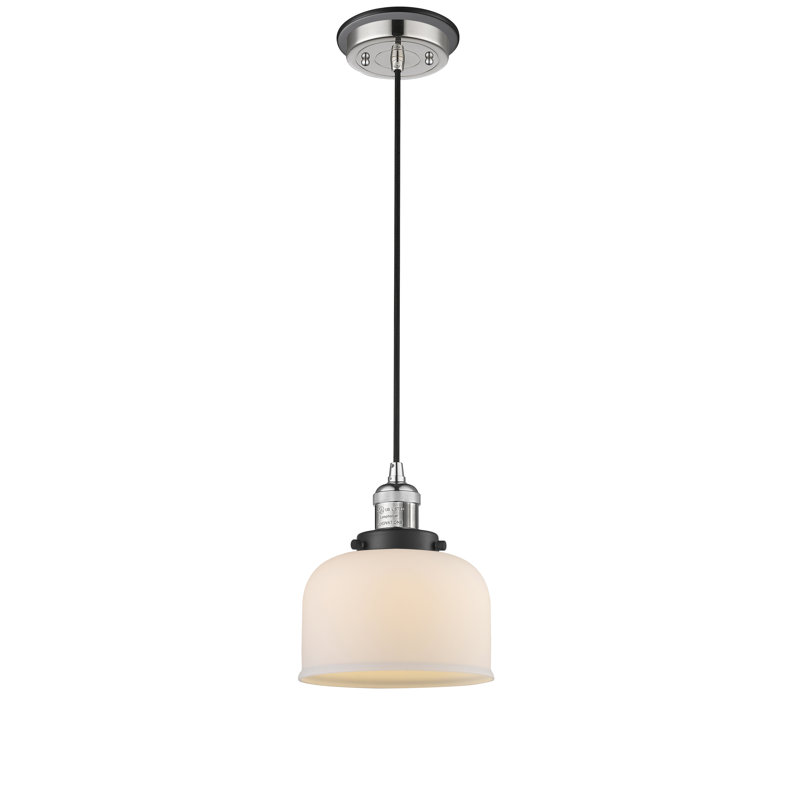Luminaire suspendu en forme de cloche à 1 lumière Bissonnette, Nickel poli et décorations noir mat, Blanc mat