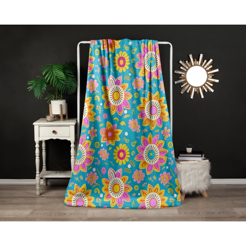 Throw Blanket, 68" W x 80" L, Floral/Abstract, Light Pink/Blue/Orange