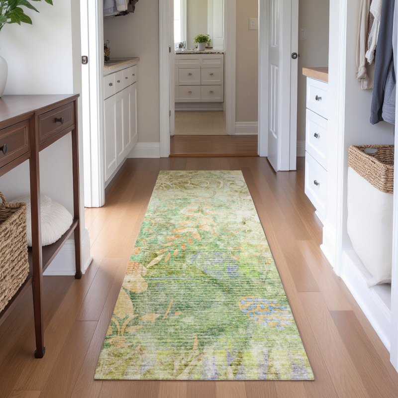 Premium Machine Washable Mayfield AMF2223 Floral Rug, 2'3" x 7'6" Runner, Green