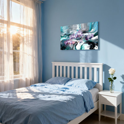 Tableau abstrait floral d'orchidées sur toile tendue, idéal pour décorer le salon ou la chambre.