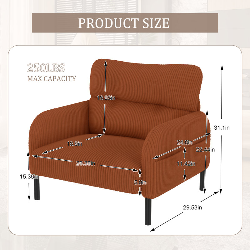 Chaise d'appoint rembourrée en velours côtelé Modern, Orange