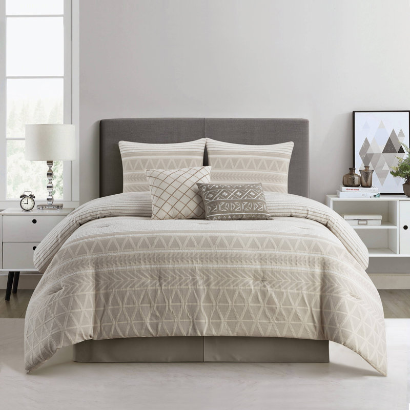Ensemble d'édredon géométrique 6 pièces Cleluya, Édredon de très grande taille et 6 pièces suppl, Beige
