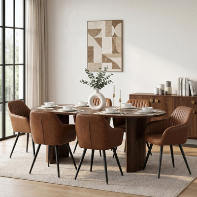 7-Piece Oval Dining Table Set For 6 With Faux Leather Armchairs