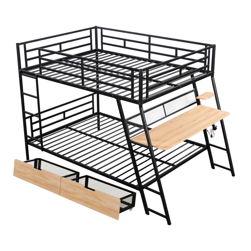 Black Metal Bunk Bed With Desk, And 2 Creatively Arranged Drawers - Full Size Bedroom In Built-In Cool