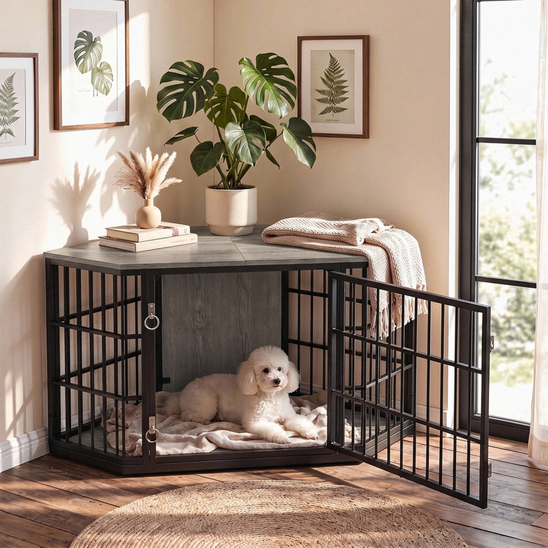 Caisse de coin pour chien et table de bout Fratesi, H 28 po x l 52 po x P 26,7 po, Gris / Noir